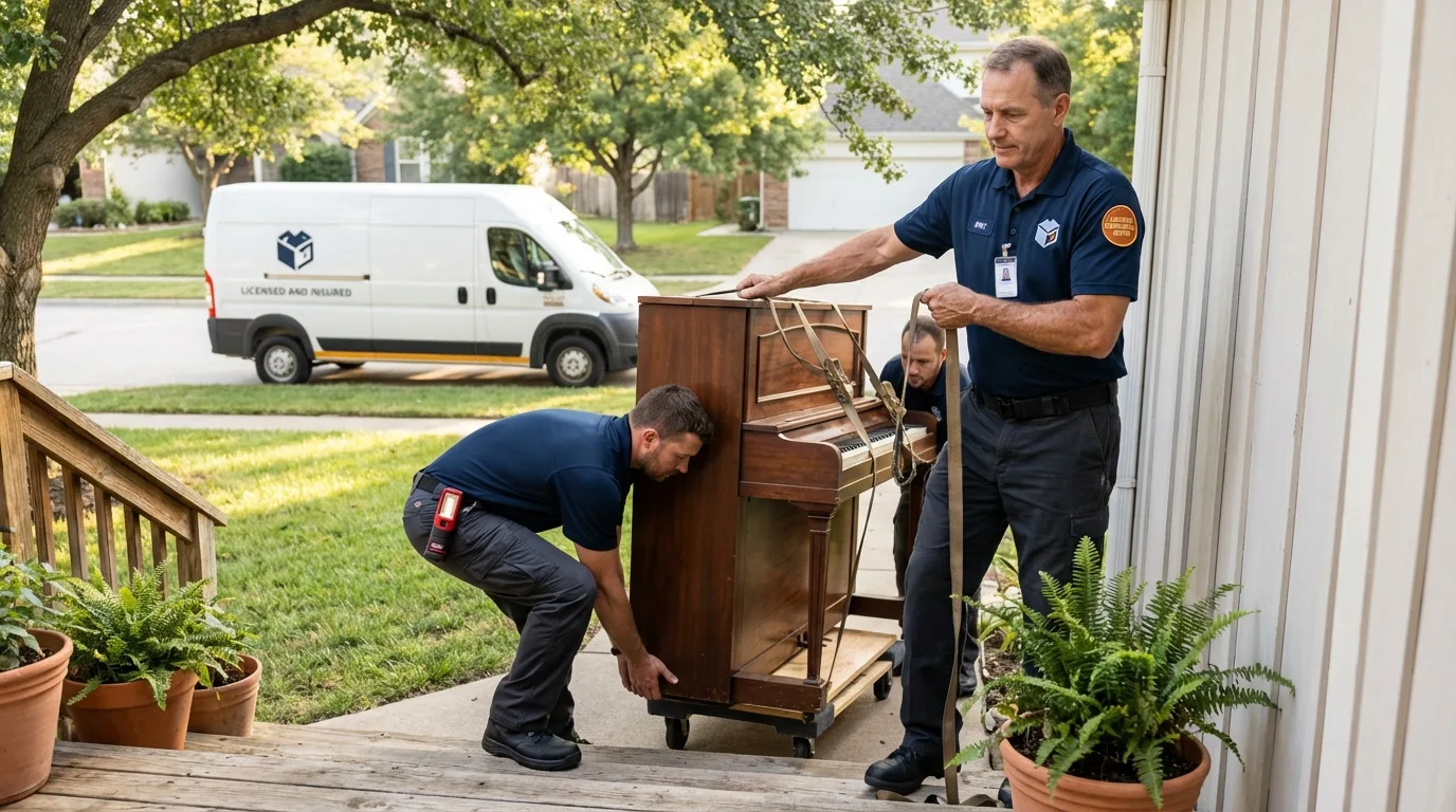 Licensed piano movers securing grand piano in Mesquite, NM