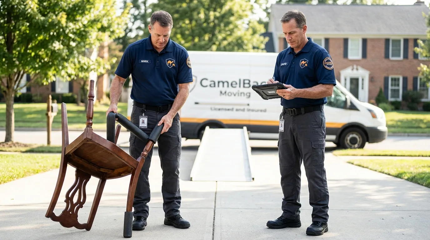 Movers inspecting furniture for damage prevention before loading in Mesquite, NM